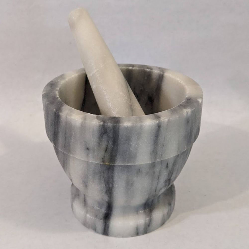 Grey White Veined Marble Mortar & Pestle Set Pedestal Base Kitchen Spice Grinder